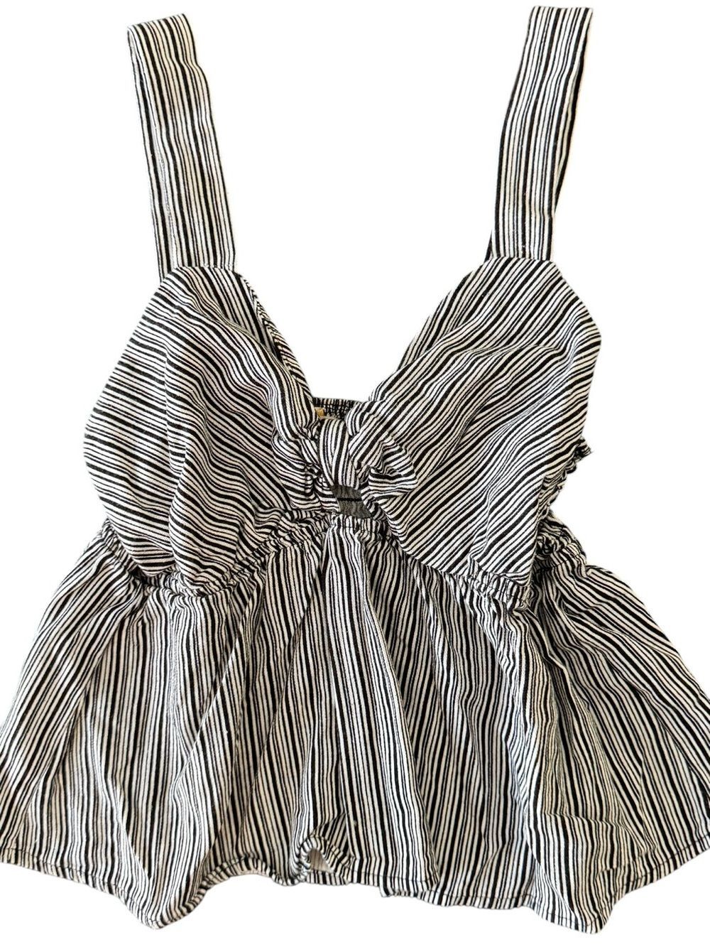 Monteau Los Angeles Striped Peplum Tank Bow Front Linen Blend Top M